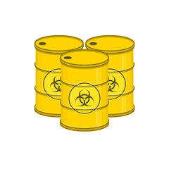 Metal barrel with biohazard sign. Toxic refuse, Chemical waste yellow keg. Poisonous liquid cask. Biological threat alert emissions, environmental pollution concept. Vector illustration in flat style.