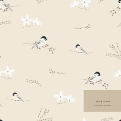 Fototapeta premium spring seamless pattern with hand drawn little tit birds