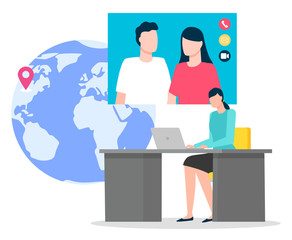 People conversation online in computer. Man and woman wireless connection for videochat. Female sitting at desktop and communicating with laptop for meeting online in video conference vector