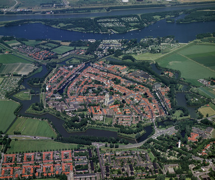Den Briel, Holland, June 20 - 1989: Historical aerial photo of the city Brielle, a very old fortified town