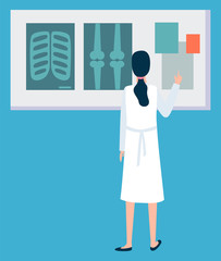 Doctor looks x-ray, image of bones and ribs, surgeon character. Full length and portrait view of female wearing medical gown researching ray vector
