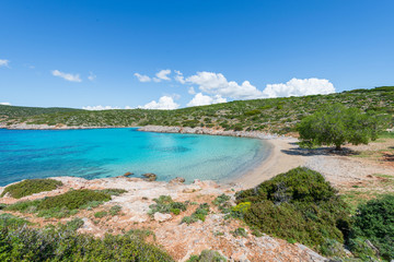 View of the beautiful Agia Dynami beach on Chios island in Greece.