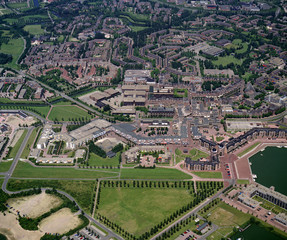 Fototapeta na wymiar Almere, Holland, July 12- 1990: Historical aerial photo of the city Almere in the province Flevoland
