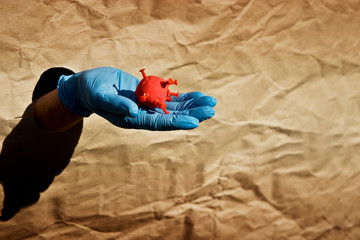 Abstract 2019-nCoV virus strain in the palm of a man close-up. Female hand in a medical glove closeup. Quarantine measures for self-isolation during an outbreak of coronavirus infection. The fight aga