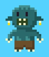 Monster pixel character, portrait and full length view of beast with teeth, robot or orge in flat design style on blue, space symbol, monstrosity vector