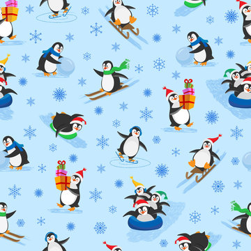 Winter seamless pattern of seven funny Christmas penguins with snowflakes. Penguins on skates, on skis, on sled, on tube, with a snowball, with box gifts. Vector illustration in flat style. © Nataliia
