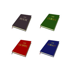 World religions books set. Islam, Christianity, Judaism Religious scriptures. Vector graphic illustration. Isolated