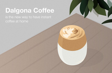 Dalgona Coffee Minimalist Illustration. Glass of trending Korean whipped latte made from instant coffee in the muted pastel colors palette