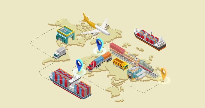 Logistics concept. Graphic structure of global logistics and delivery service with various freight transport and destination points on world map