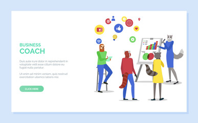 Business coach vector, hipster animal cat wearing formal suit talking to students. Sloth and raccoon listening to mentor, skills development. Website or webpage template, landing page flat style