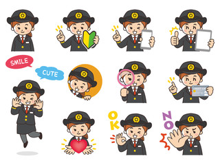 運転士の女性バリエーション　初心者マーク　スマートフォン　タブレット　虫眼鏡　クレジットカード　ハート　OK　NO