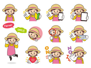 農家の女性バリエーション　初心者マーク　スマートフォン　タブレット　虫眼鏡　クレジットカード　ハート　OK　NO