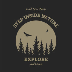 Journey into the wild. Badge, t-shirt design on a dark background. Vector illustration.