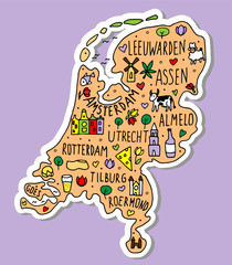 Colored Sticker of Hand drawn doodle Netherland map. Holland city names lettering and cartoon landmarks, tourist attractions cliparts. travel, trip comic infographic poster, banner concept design