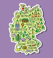 Colored Sticker of Colored Hand drawn doodle Germany map. German city names lettering and cartoon landmarks,