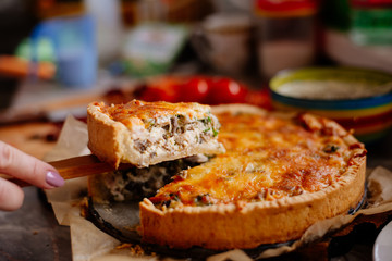 French quiche with cheese, spinach, mushrooms, bacon, dried tomatoes. French quiche on a plate only from the oven. A piece of cake on a paw. 