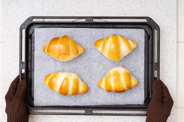 自宅でパン作りする工程　焼きあがったばかりのバターロール