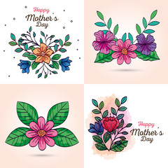 set cards of happy mother day with flowers decoration vector illustration design