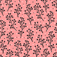 Vector Floral Seamless Pattern. Sprigs of wild flowers. Leaves Black Pink Background.
