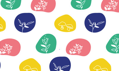 Hübsches naturnahes Patterndesign mit Blumen und Pilzen passend zu den Jahreszeiten Sommer und Herbst. Hintergrund, Stoffe, Geschenkpapier...