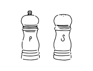 Isolated line sketch of salt and pepper shakers and grinders