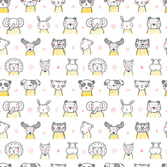 Cute Scandinavian Style Animal Faces Seamless pattern. Hand drawn Doodle Cartoon Animals. Vector Background for Kids
