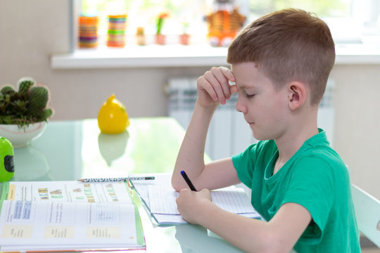 Distance learning online education. Schoolboy studying at home and doing school homework. Sitting chair with training books