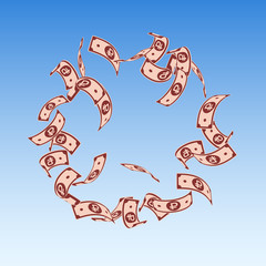 Russian ruble notes falling. Floating RUB bills on