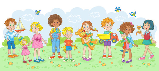 Obraz na płótnie Canvas Playing kids. Children of different nationalities walk with their favorite toys in the summer glade. In cartoon style. Vector illustrations.
