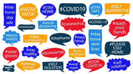 COVID-19 hashtags set to prevent the spread of coronavirus. Quarantine and self-isolation. Wear mask and wash hands. Stay Home Stay Safe. Prevention the spread of COVID-19.