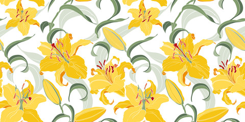 Floral seamless pattern with yellow lilies