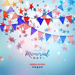 Fototapeta premium Memorial Day of the USA Vector Design Template with American Color Party Flag and Falling Stars on Shiny Blue Background. National Patriotic Celebration Illustration for Banner or Greeting Card