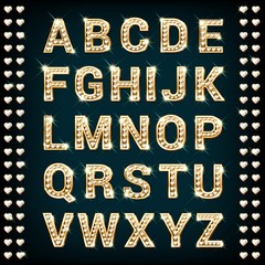 Gold alphabet with heart shaped diamonds. Letters A to Z in realistic style vector illustration.