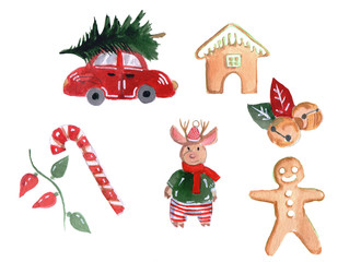 Set of New Year and Christmas, Christmas tree, Christmas tree, car with spruce, gingerbread man, gingerbread house, deer, garland, lights, sweets. Suitable for stickers, cards, greetings, fabrics, gif