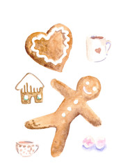 Set of New Year and Christmas, gingerbread cookies. Gingerbread house, gingerbread heart, gingerbread man, cup of cocoa suitable for stickers, cards, greetings, fabrics, gifts, web