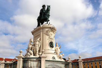 View of the statue of King Dom Jose I in Lisbon, Portugal. It is located on the Praça do Comercio (Commerce Square) and was designed in 1775 by Machado de Castro.