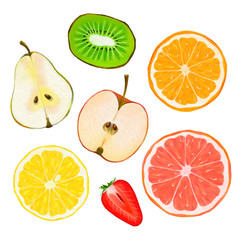 Watercolor fruit vector set with transparent background (pear, apple, kiwi, orange, lemon, grapefruit, strawberry)