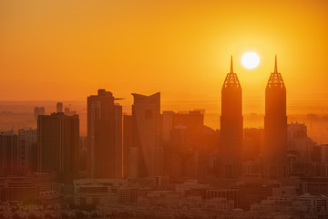 Amazing and Luxury Dubai Marina skyscrapers, famous Jumeirah beach skyscrapers at sunrise, United Arab Emirates