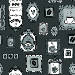 Seamless vector pattern with coffee in picture frame on grey background. Cafe wallpaper design with coffee beans on wall. Simple hand drawn romantic kitchen fashion, textile.