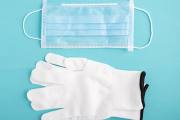 Blue antibacterial medical mask and protective gloves