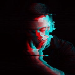 black and white portrait of a man with a glitch effect - obrazy, fototapety, plakaty