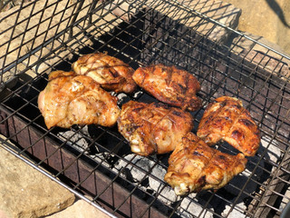 grilled chicken on the grill close-up. BBQ outdoors. top view. Camping