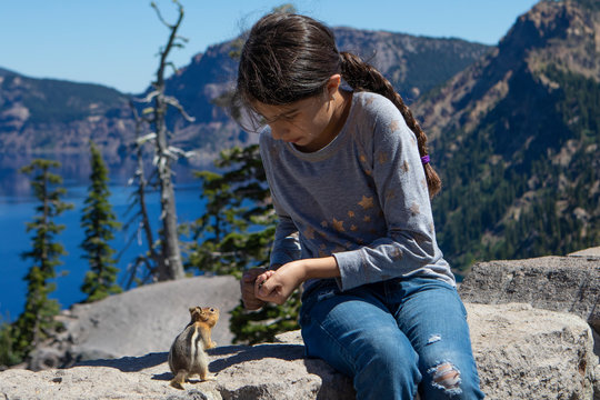 Girl feeding a chipmunks at.Crater lake National park. Oregon.