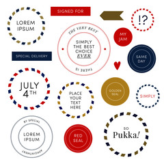 Set of universal decorative round badges, postage stamps, heart symbol, circle rectangle shapes, award ribbons, packaging add ons. Editable sign copy space. Stylish timeless colors red gold navy blue.