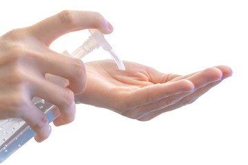 Woman use alcohol sanitizer gel for clean hands hygiene prevention bacteria, germ or virus on white background.