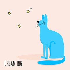 Blue cat card background. Funny cat and stars. Childish art for design veterinary clinic poster, birthday gift card, kids party invitation, shop sale or t shirt print, bag cover etc.