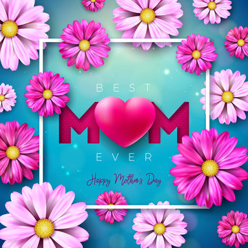 I Love You Mom. Happy Mother's Day Greeting Card Design with Flower and Red Heart on Blue Background. Vector Celebration Illustration Template for Banner, Flyer, Invitation, Brochure, Poster.