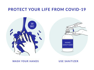 Protect your life from Covid-19. Wash your hands, use sanitizer. Coronavirus prevention. COVID-19 epidemic