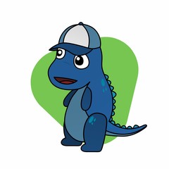 Illustration of Blue Dinosaur Stood Up Using a Blue Hat Cartoon, Cute Funny Character, Flat Design