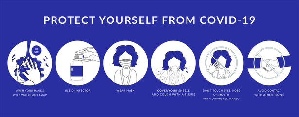 How to protect yourself from Covid-19. Vector illustration on the blue background.